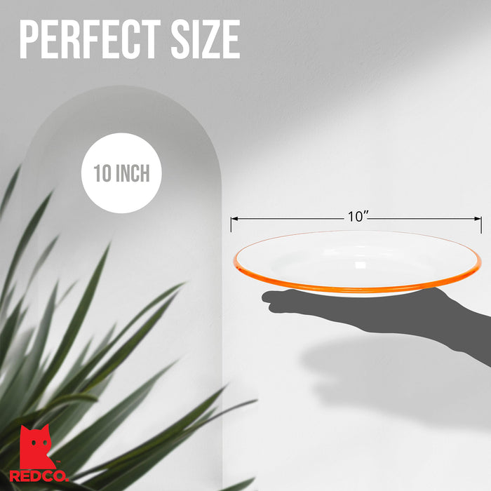 Red Co. Set of 4 Enamelware Metal Classic 10" Round Dinner Plate, Solid White/Color Rim