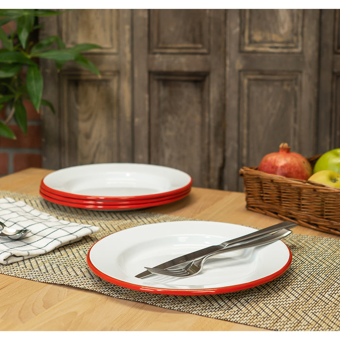 Red Co. Set of 4 Enamelware Metal Classic 10" Round Dinner Plate, Solid White/Colored Rim
