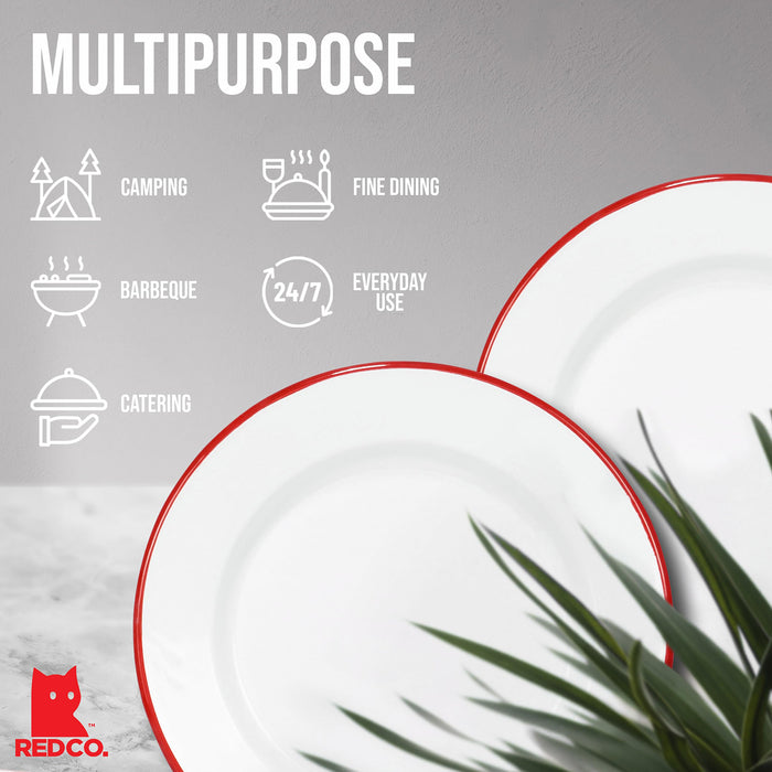 Red Co. Set of 4 Enamelware Metal Classic 10" Round Dinner Plate, Solid White/Color Rim