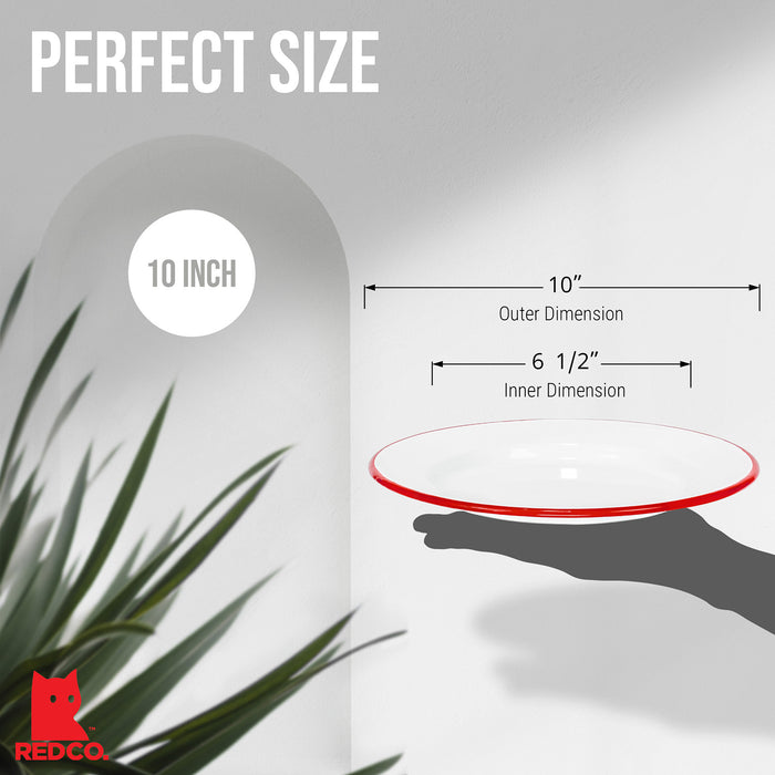 Red Co. Set of 4 Enamelware Metal Classic 10" Round Dinner Plate, Solid White/Color Rim