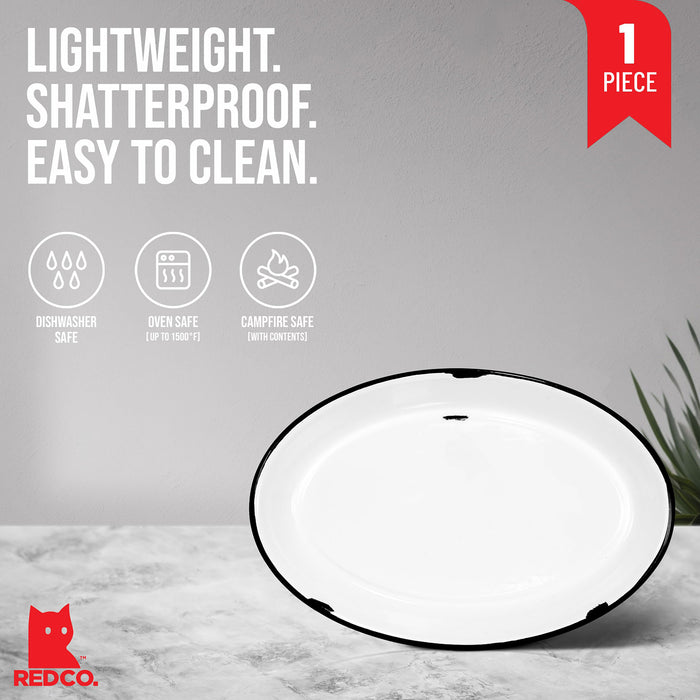 Red Co. Enamelware Metal Classic 13” Serving Oval Tray Platter, Distressed White/Black Rim