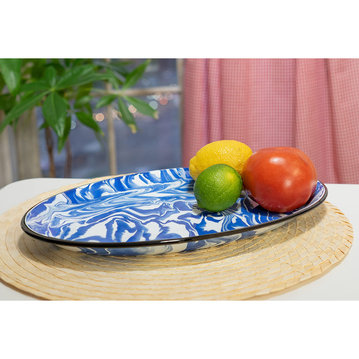Red Co. Enamelware Metal Classic 13 inch Serving Oval Tray Platter, Swirl Design
