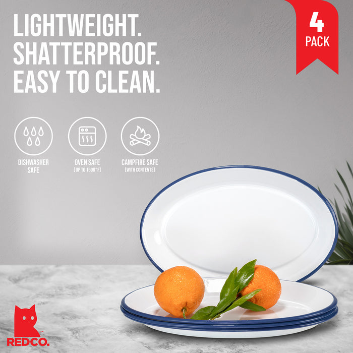 Red Co. Set of 4 Enamelware Metal Classic 13" Serving Oval Tray Platter, Solid White/Painted Rim