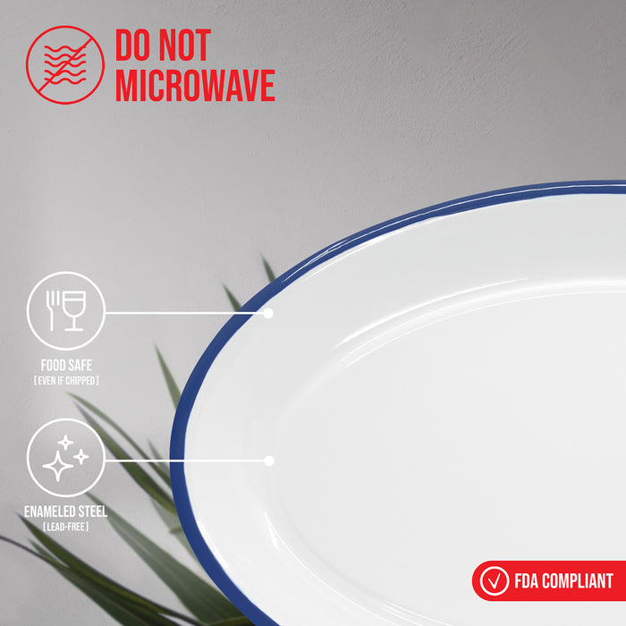 Red Co. Set of 4 Enamelware Metal Classic 13" Serving Oval Tray Platter, Solid White/Painted Rim