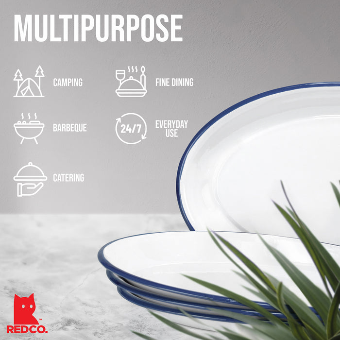 Red Co. Set of 4 Enamelware Metal Classic 13" Serving Oval Tray Platter, Solid White/Painted Rim