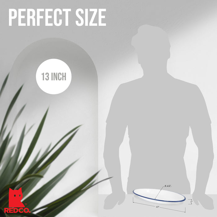 Red Co. Set of 4 Enamelware Metal Classic 13" Serving Oval Tray Platter, Solid White/Painted Rim
