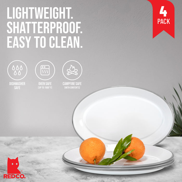 Red Co. Set of 4 Enamelware Metal Classic 13" Serving Oval Tray Platter, Solid White/Painted Rim