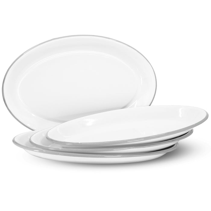 Red Co. Set of 4 Enamelware Metal Classic 13" Serving Oval Tray Platter, Solid White/Painted Rim