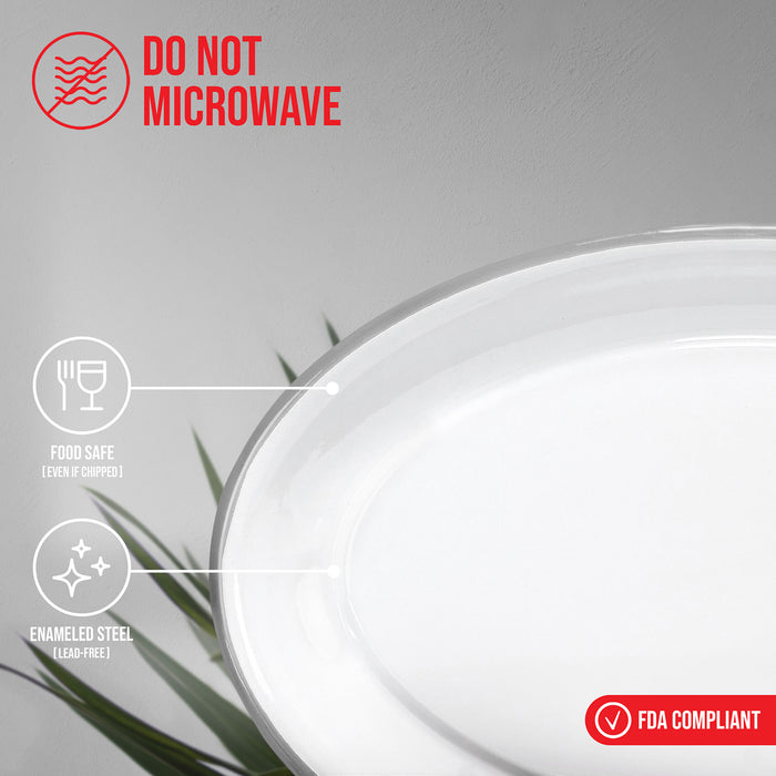 Red Co. Set of 4 Enamelware Metal Classic 13" Serving Oval Tray Platter, Solid White/Painted Rim