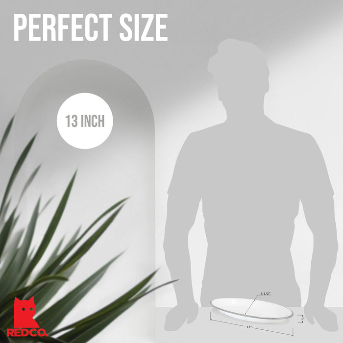 Red Co. Set of 4 Enamelware Metal Classic 13" Serving Oval Tray Platter, Solid White/Painted Rim