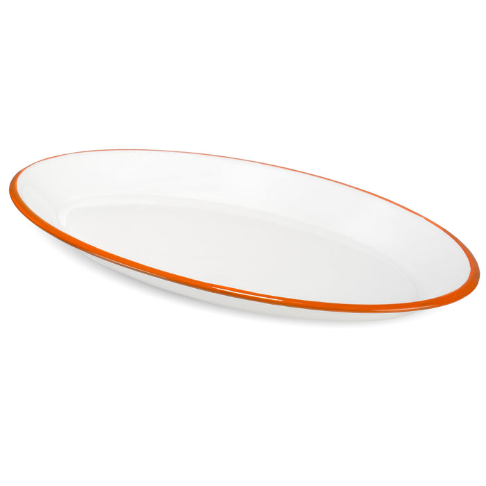 Red Co. Set of 4 Enamelware Metal Classic 13" Serving Oval Tray Platter, Solid White/Colored Rim