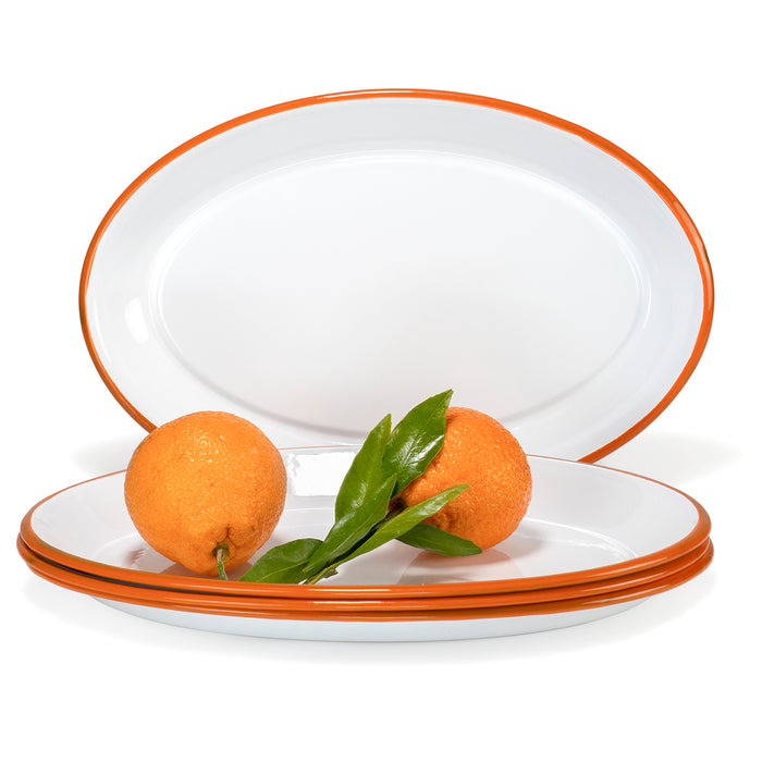 Red Co. Set of 4 Enamelware Metal Classic 13" Serving Oval Tray Platter, Solid White/Painted Rim
