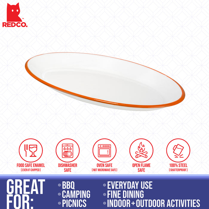 Red Co. Enamelware Metal Classic 13" Serving Oval Tray Platter, Solid White/Colored Rim
