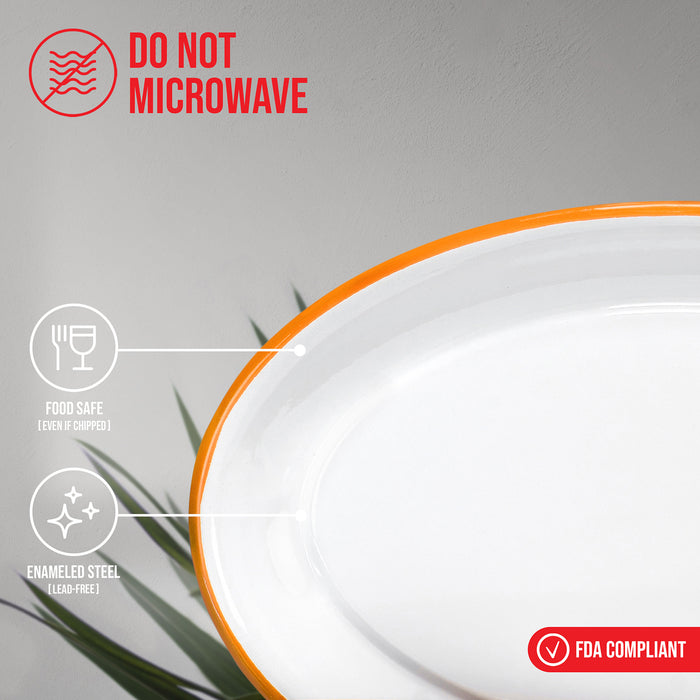 Red Co. Set of 4 Enamelware Metal Classic 13" Serving Oval Tray Platter, Solid White/Painted Rim