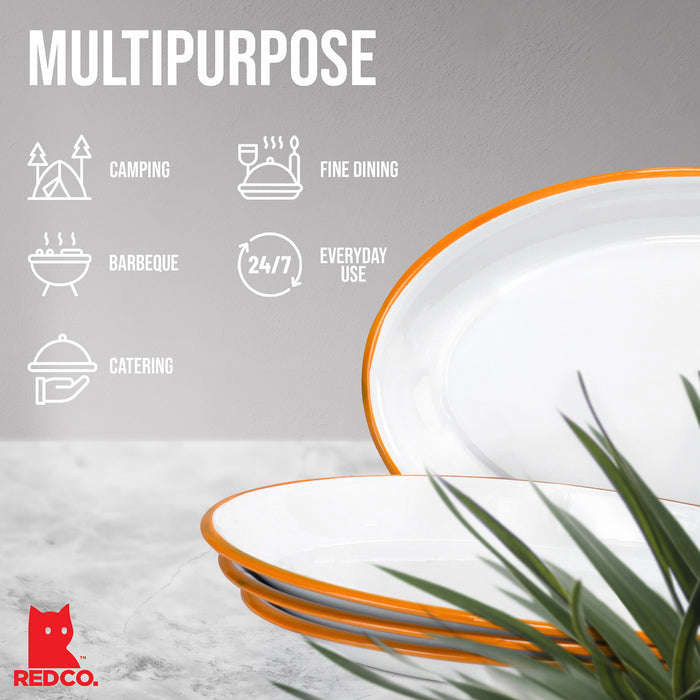 Red Co. Set of 4 Enamelware Metal Classic 13" Serving Oval Tray Platter, Solid White/Painted Rim