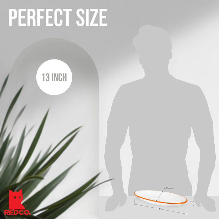 Red Co. Set of 4 Enamelware Metal Classic 13" Serving Oval Tray Platter, Solid White/Painted Rim