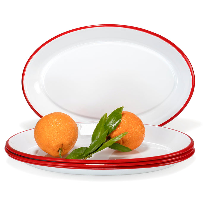Red Co. Set of 4 Enamelware Metal Classic 13" Serving Oval Tray Platter, Solid White/Colored Rim