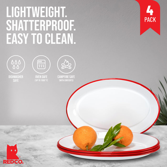 Red Co. Set of 4 Enamelware Metal Classic 13" Serving Oval Tray Platter, Solid White/Painted Rim