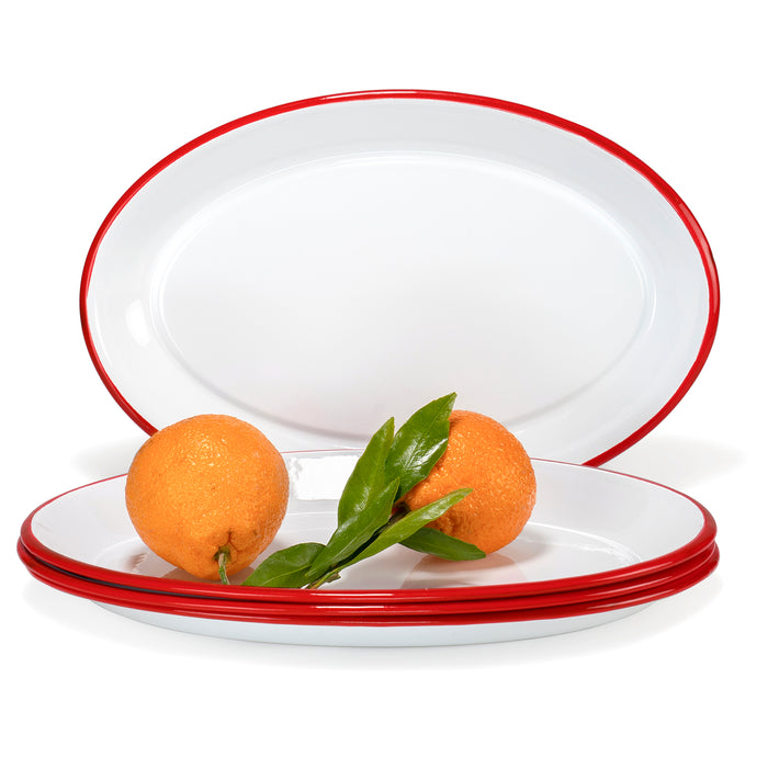 Red Co. Set of 4 Enamelware Metal Classic 13" Serving Oval Tray Platter, Solid White/Painted Rim