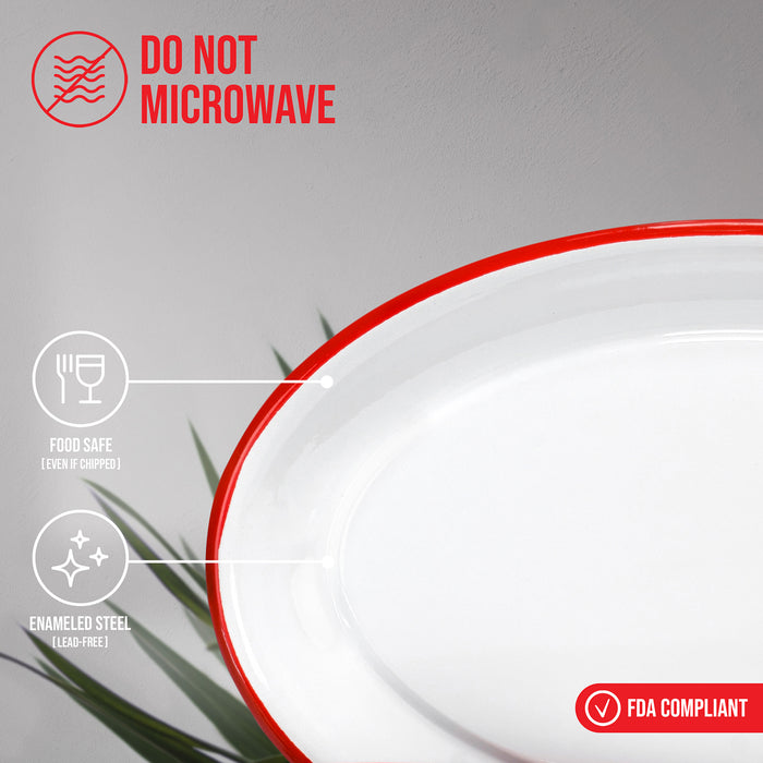 Red Co. Set of 4 Enamelware Metal Classic 13" Serving Oval Tray Platter, Solid White/Painted Rim