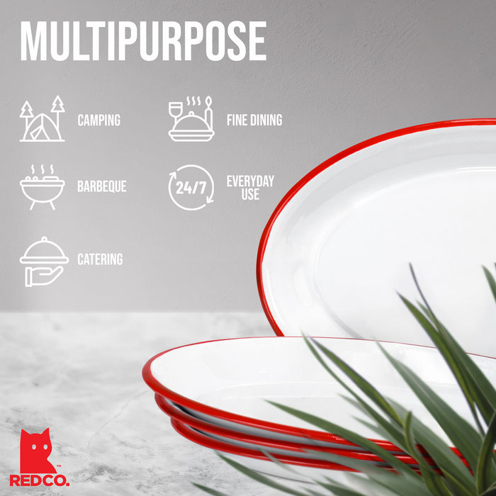 Red Co. Set of 4 Enamelware Metal Classic 13" Serving Oval Tray Platter, Solid White/Painted Rim