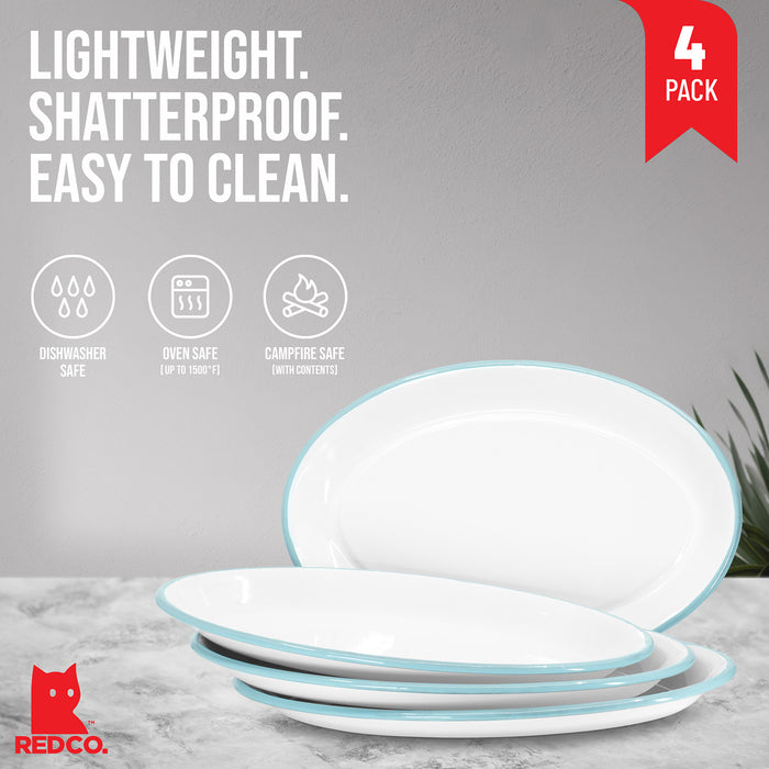 Red Co. Set of 4 Enamelware Metal Classic 13" Serving Oval Tray Platter, Solid White/Painted Rim