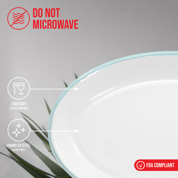 Red Co. Set of 4 Enamelware Metal Classic 13" Serving Oval Tray Platter, Solid White/Painted Rim