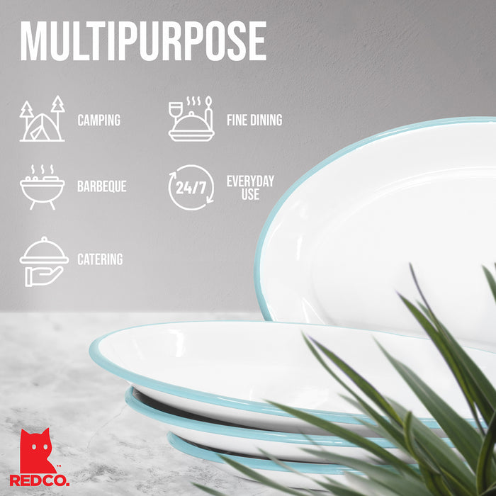 Red Co. Set of 4 Enamelware Metal Classic 13" Serving Oval Tray Platter, Solid White/Painted Rim