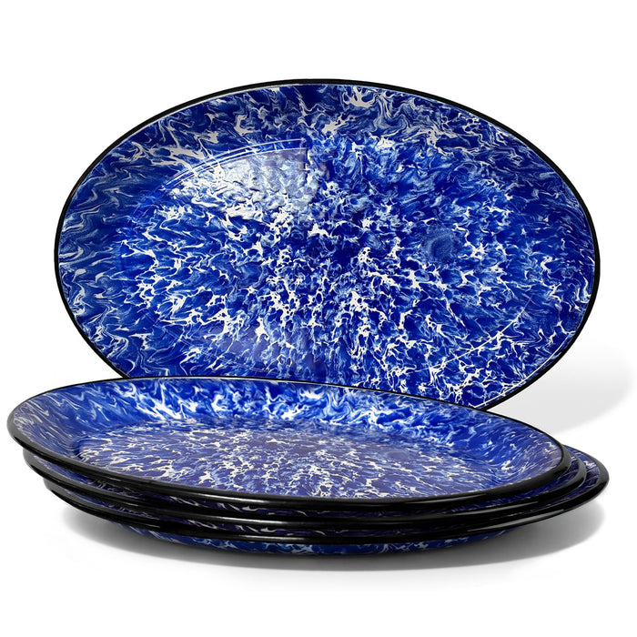 Red Co. Set of 4 Enamelware Metal Classic 13" Serving Oval Tray Platter, Navy Blue Marble/Black Rim - Splatter Design
