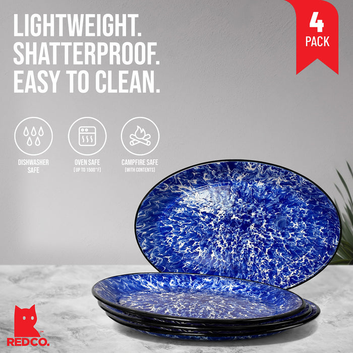 Red Co. Set of 4 Enamelware Metal Classic 13" Serving Oval Tray Platter, Navy Blue Marble/Black Rim - Splatter Design