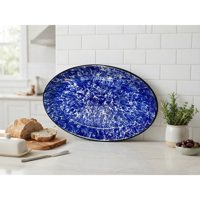 Red Co. Set of 4 Enamelware Metal Classic 13" Serving Oval Tray Platter, Navy Blue Marble/Black Rim - Splatter Design