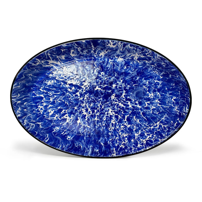 Red Co. Enamelware Metal Classic 13" Serving Oval Tray Platter, Navy Blue Marble/Black Rim - Splatter Design