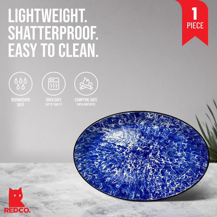 Red Co. Enamelware Metal Classic 13" Serving Oval Tray Platter, Navy Blue Marble/Black Rim - Splatter Design