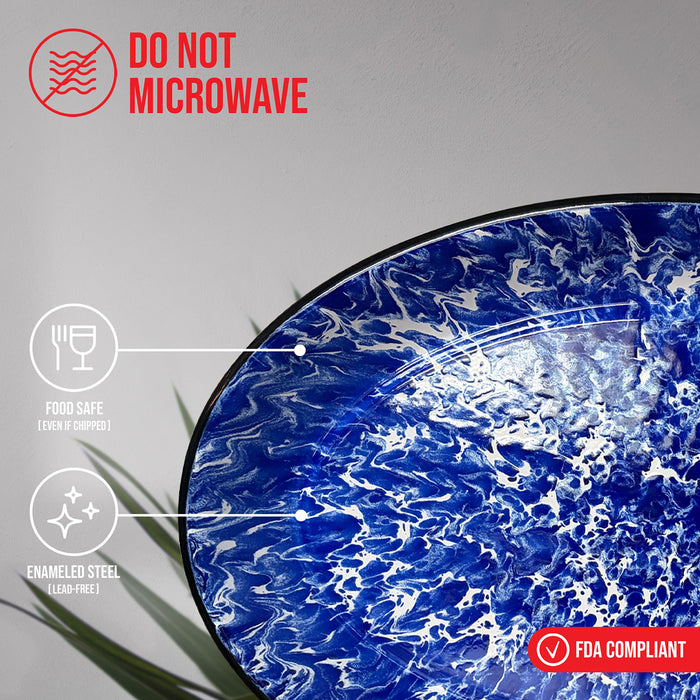 Red Co. Enamelware Metal Classic 13" Serving Oval Tray Platter, Navy Blue Marble/Black Rim - Splatter Design