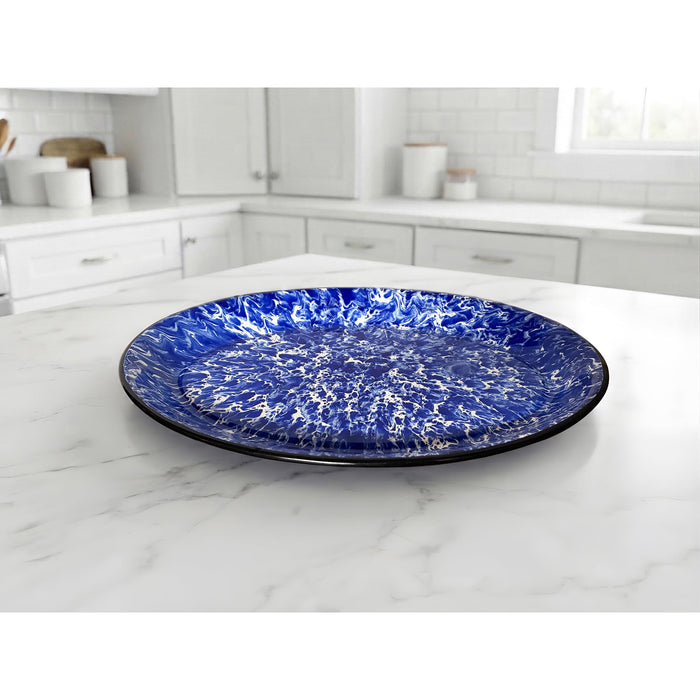 Red Co. Enamelware Metal Classic 13" Serving Oval Tray Platter, Navy Blue Marble/Black Rim - Splatter Design
