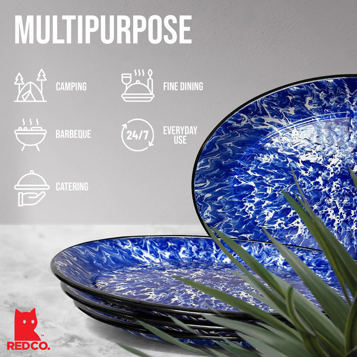 Red Co. Enamelware Metal Classic 13" Serving Oval Tray Platter, Navy Blue Marble/Black Rim - Splatter Design