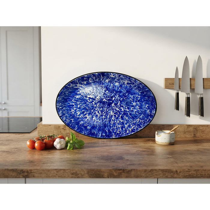 Red Co. Enamelware Metal Classic 13" Serving Oval Tray Platter, Navy Blue Marble/Black Rim - Splatter Design