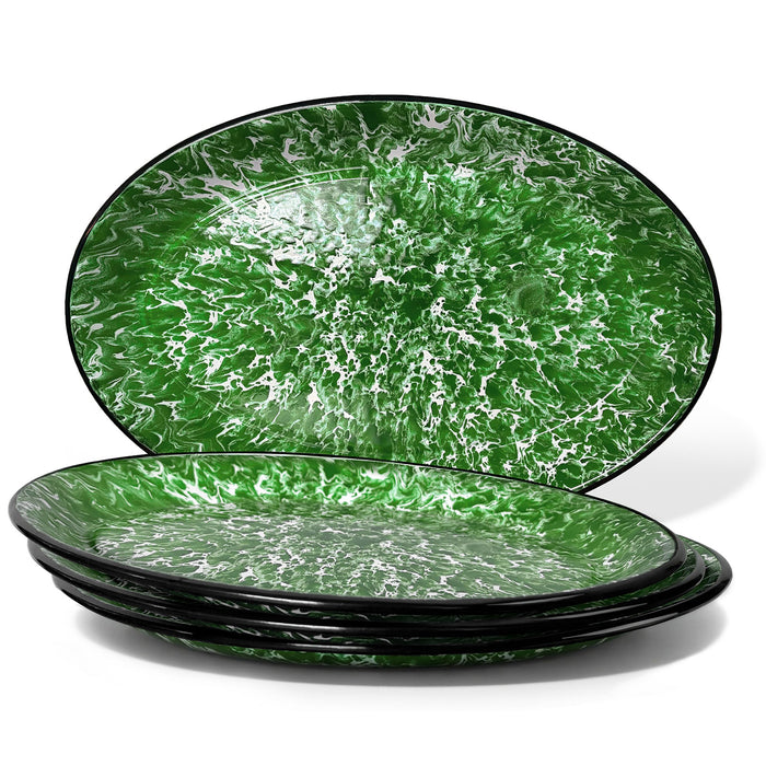 Red Co. Set of 4 Enamelware Metal Classic 13" Serving Oval Tray Platter, Dark Green Marble/Black Rim - Splatter Design