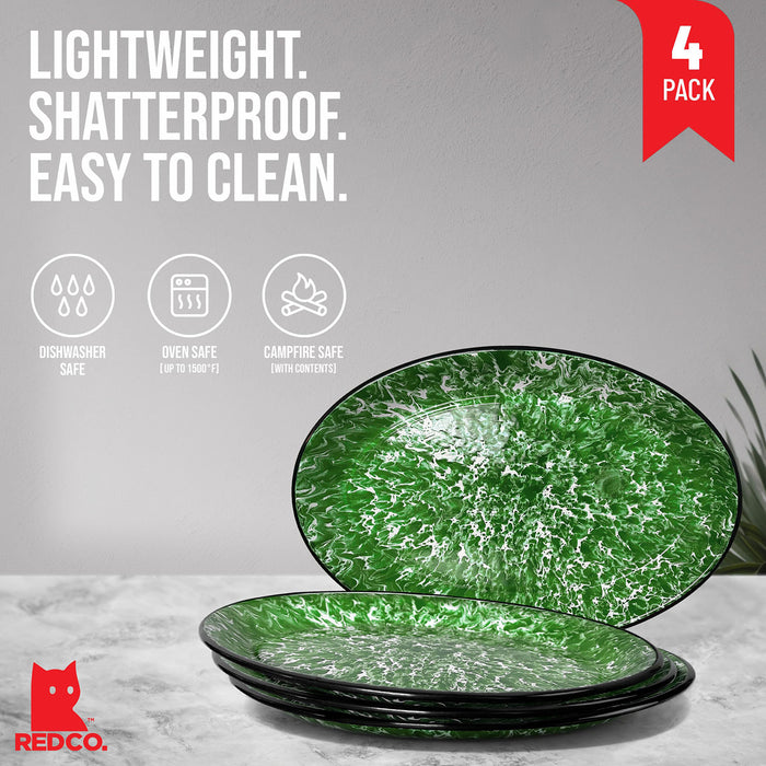 Red Co. Set of 4 Enamelware Metal Classic 13" Serving Oval Tray Platter, Dark Green Marble/Black Rim - Splatter Design