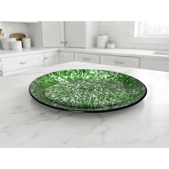 Red Co. Set of 4 Enamelware Metal Classic 13" Serving Oval Tray Platter, Dark Green Marble/Black Rim - Splatter Design