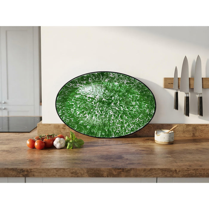 Red Co. Set of 4 Enamelware Metal Classic 13" Serving Oval Tray Platter, Dark Green Marble/Black Rim - Splatter Design