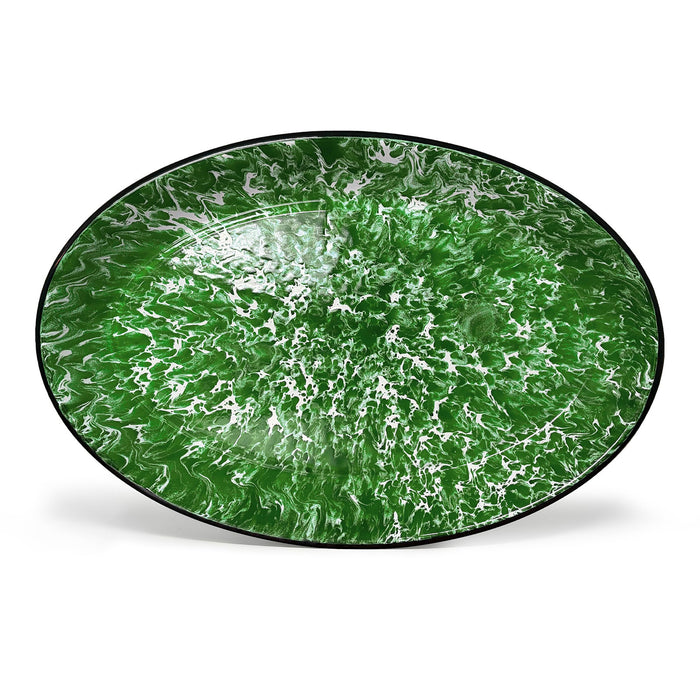 Red Co. Enamelware Metal Classic 13" Serving Oval Tray Platter, Dark Green Marble/Black Rim - Splatter Design