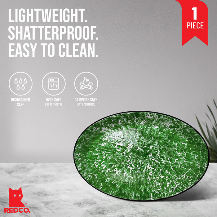 Red Co. Enamelware Metal Classic 13" Serving Oval Tray Platter, Dark Green Marble/Black Rim - Splatter Design