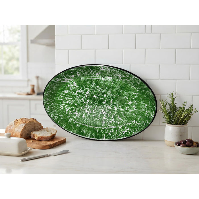 Red Co. Enamelware Metal Classic 13" Serving Oval Tray Platter, Dark Green Marble/Black Rim - Splatter Design