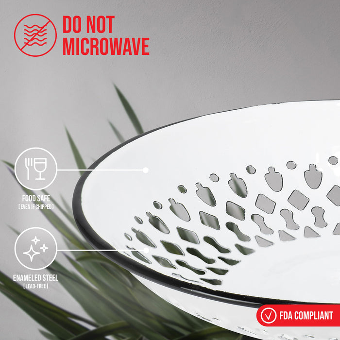 Red Co. Enamelware Metal Classic 9.5 Inch Round Flat Food Strainer Colander, Solid White/Black Rim