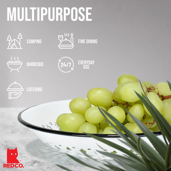 Red Co. Enamelware Metal Classic 9.5 Inch Round Flat Food Strainer Colander, Solid White/Black Rim