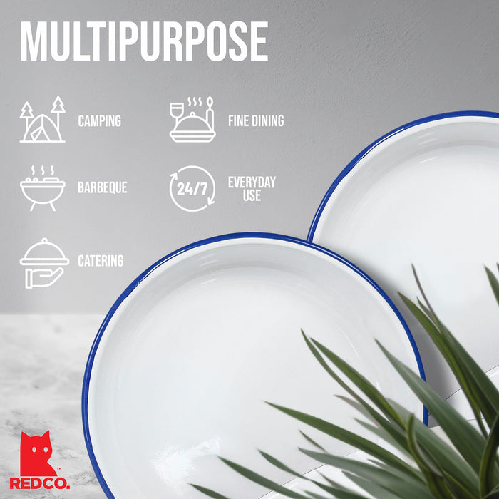 Red Co. Set of 4 Enamelware Metal 10” Round Camping Plates, Solid White/Color Rim