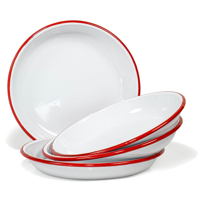 Red Set of Enamelware Metal 10” Round Camping Plates, Solid White/Color Rim