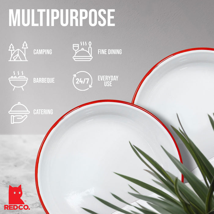 Red Co. Set of 4 Enamelware Metal 10” Round Camping Plates, Solid White/Color Rim