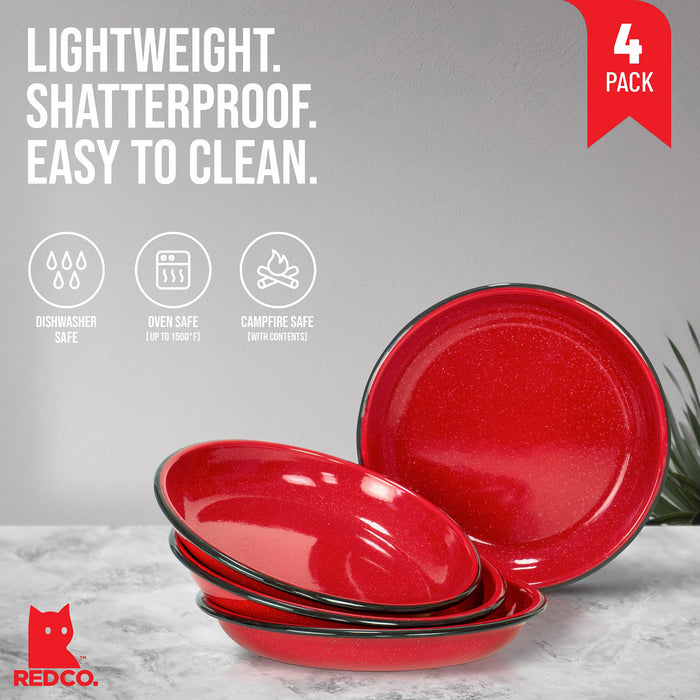 Red Co. Set of 4 Enamelware Metal 10” Round Camping Plates, White-Speckled Design